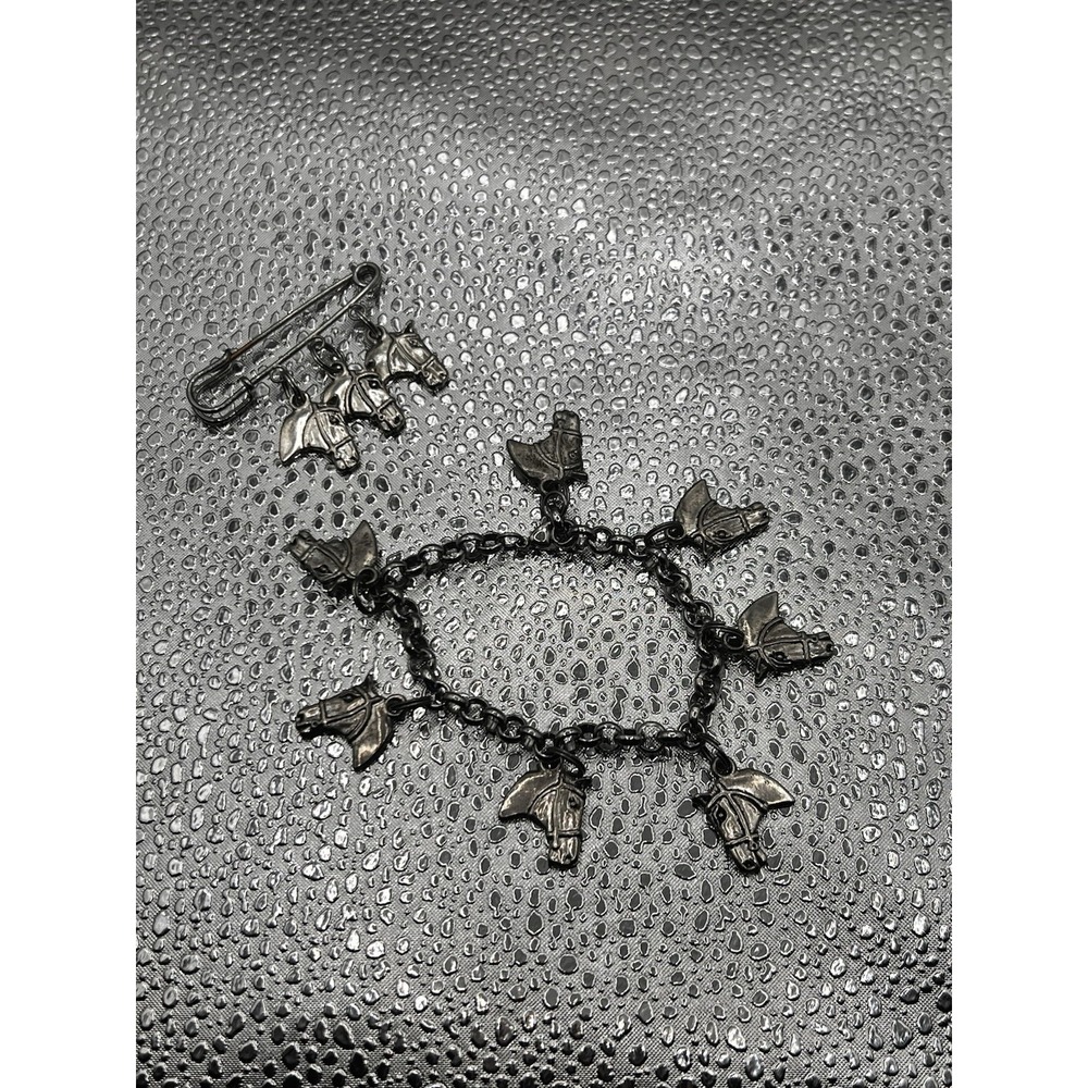 Vintage Horse Bracelet Silver Tone VTG 7 Horse Heads Chisel Jewelry 7" & Brooch